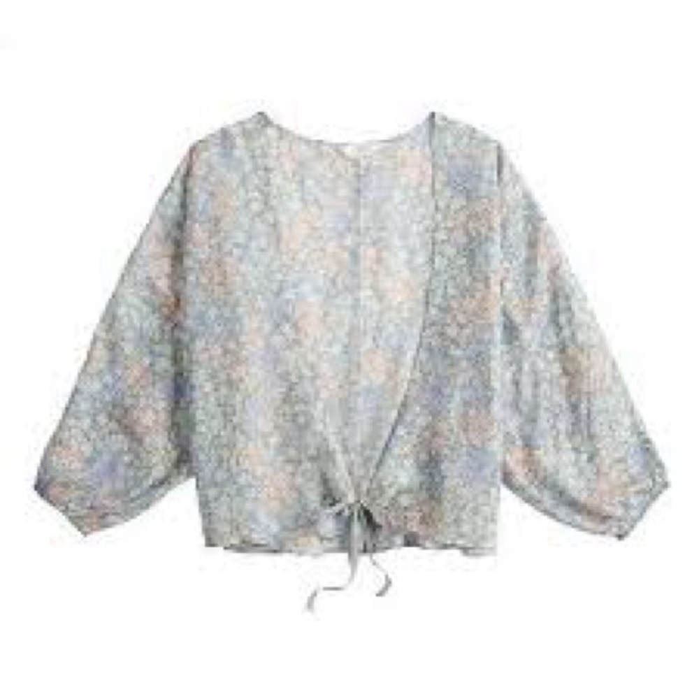 🦋 LC Lauren Conrad Blue Long Sleeve Floral Sheer Tie-Front Blouse